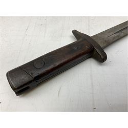 Italian Model 1891 Carcano knife bayonet with 30cm fullered steel blade, the cross-piece stamped VL1110; in steel scabbard with webbing frog L43cm overall; and another Italian fighting knife/bayonet in brass bound leather scabbard (2)