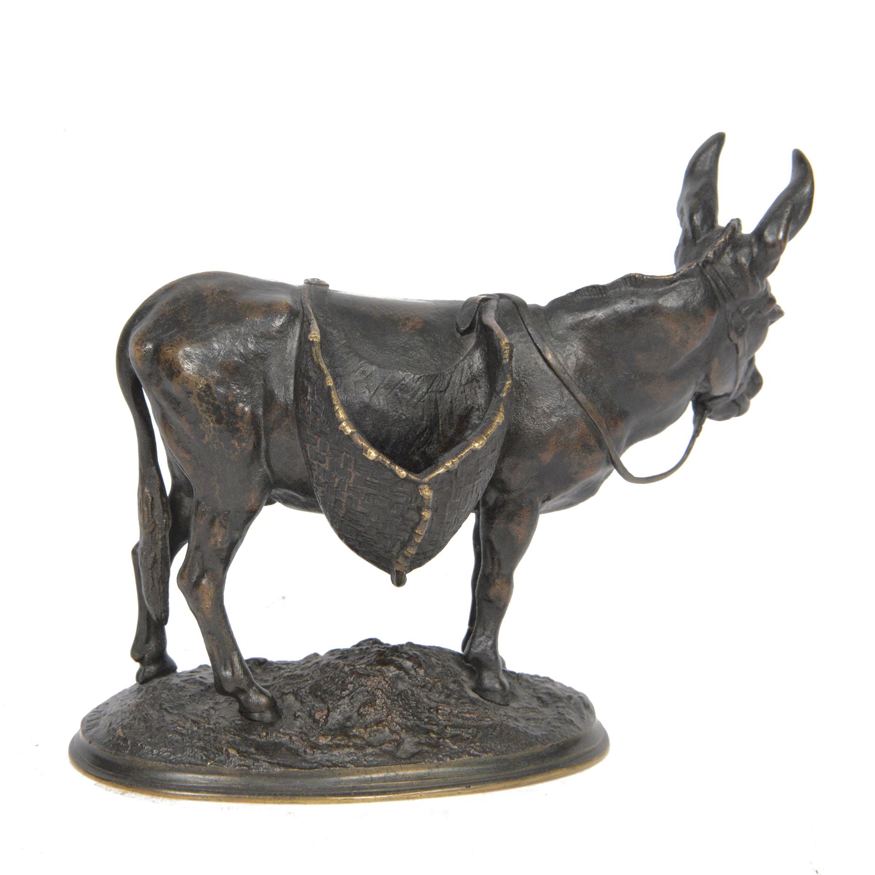 After Auguste Nicolas Cain (French 1821-1894): 'Ane D'Afrique', bronze figure of an African Wild Donkey carrying panniers, upon naturalistically modelled oval base, signed, H14.5cm