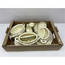 Minton Jasmine pattern tea and dinner wares, including dinner plates, sauce boats, side plates, bowls, teacups, coffee cans and twin handled soup bowls, etc (122)