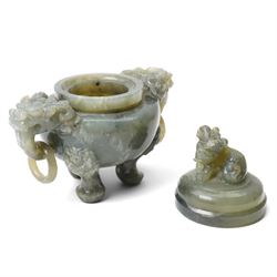 Chinese 20th century green hardstone censer and cover, H20cm