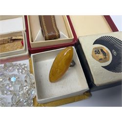 Three gold plated ladies wristwatches, gentlemans Wostok 18 jewels wristwatch, amber cufflinks, brooch and ring, etc
