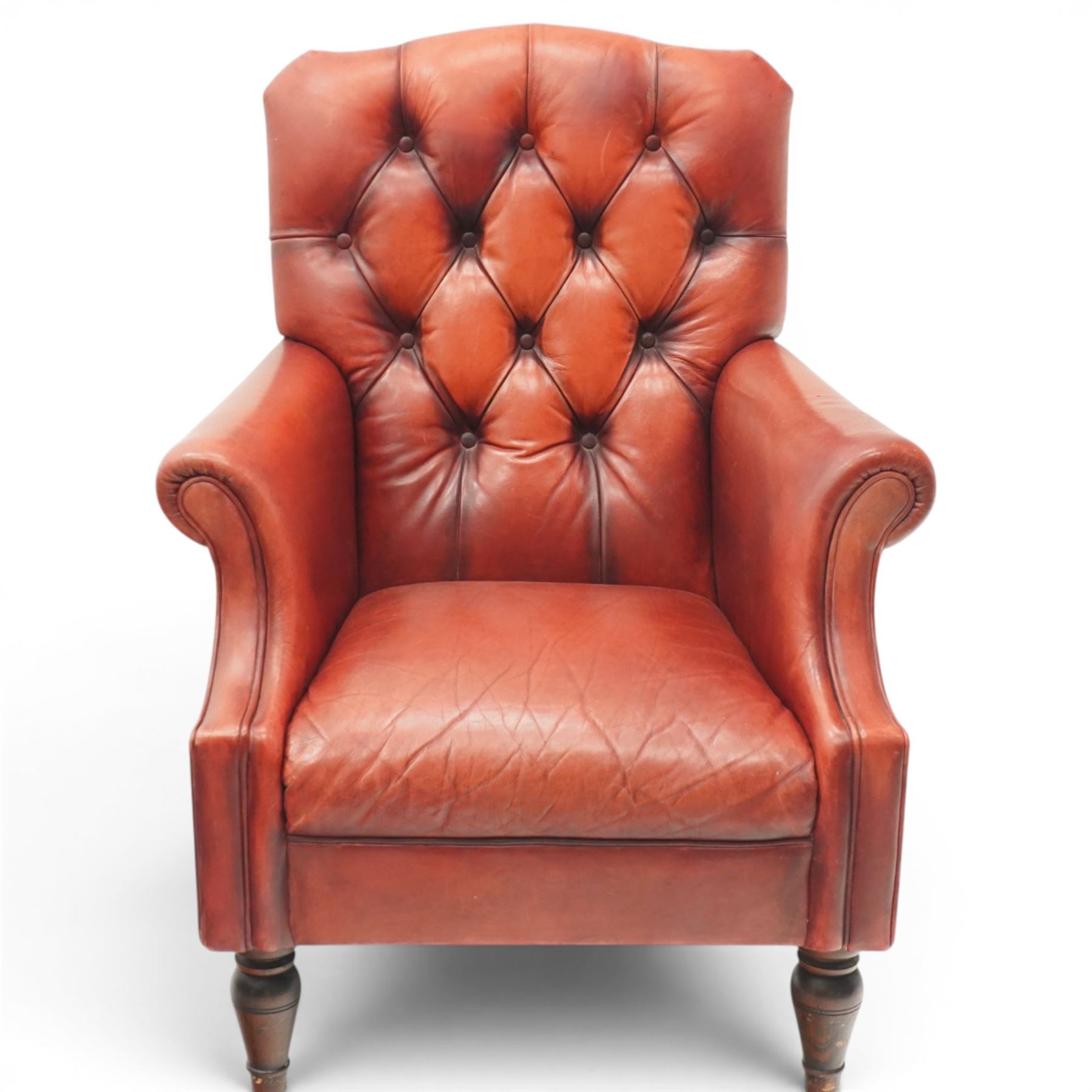 Laura Ashely - Georgian design Chesterfield style armchair, upholstered in back-buttoned crimson leather, on turned front supports