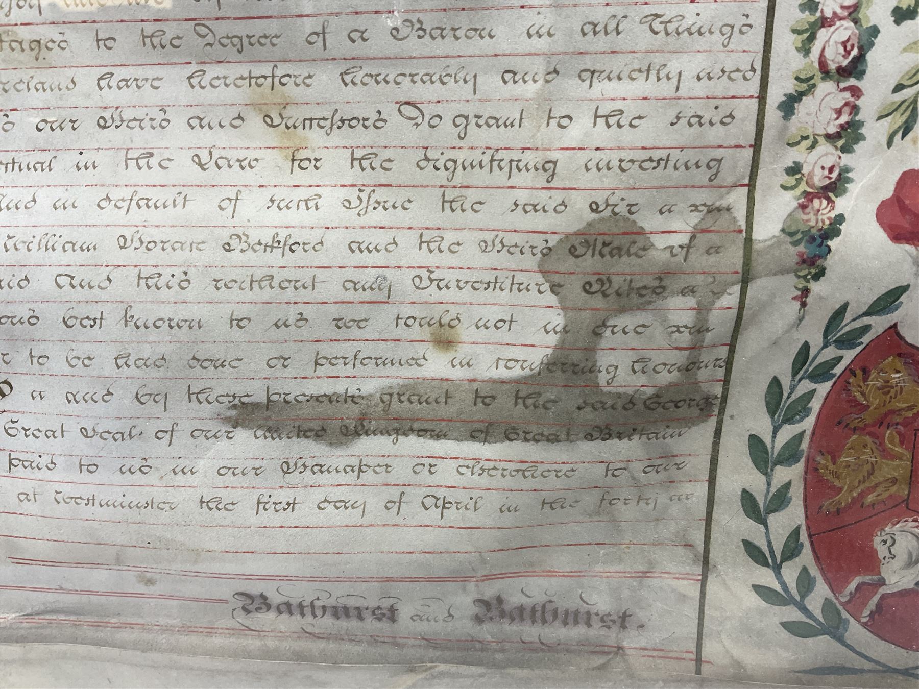 Large 18th century framed and glazed Indenture for King George III to George Rivers, Lord Rivers of Straths Saye, including frame H92.5cm L107.5cm