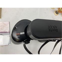 Pair of cased Boots Ascot binoculars, 10 x 50, Elizabeth & Phillip diamond wedding anniversary limited edition coin first day cover, Diana stamps, Cummles boxed Queen Elizabeth II enamel box, four Goebel Hummel figures, other ceramics and metal ware etc