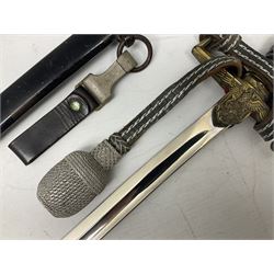 WW2 German Army Prinz Eugen Pattern Officers Dress Sword by Carl Eickhorn, the 80.5cm slightly curving fullered blade with makers name to the ricasso, gilt brass hilt with eagle to the cross-piece and relief of oakleaves to the ferrule, Prinz Eugen style down winged eagle to the pommel of the backstrap; grip retains the original wire binding; in original black painted scabbard with single hanging ring, leather hanger marked 'RZM M5/71 OLC' and silvered knot L97cm overall