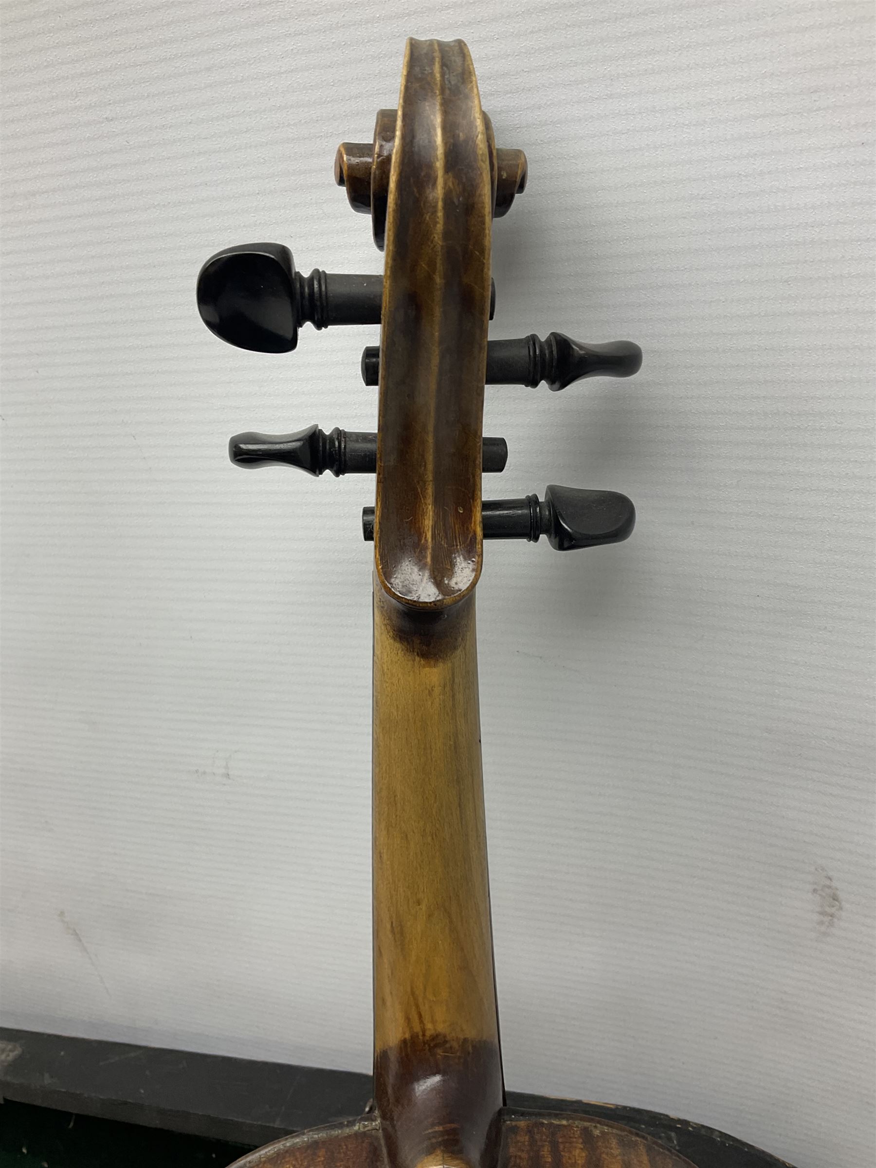 German Hopf violin c1900 with 35.5cm two-piece maple back impressed HOPF, maple ribs and spruce top, also marked HOPF internally L58.5cm overall; in Maidstone ebonised wooden coffin case with bow