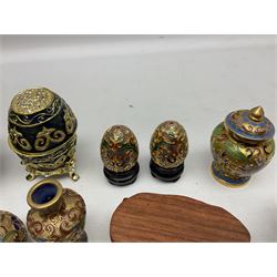 Chinese bronze peach of immortality and longevity, cloisonné vase of baluster form and three miniature cloisonné vases, six Netsuke modelled as monkeys, dragon etc