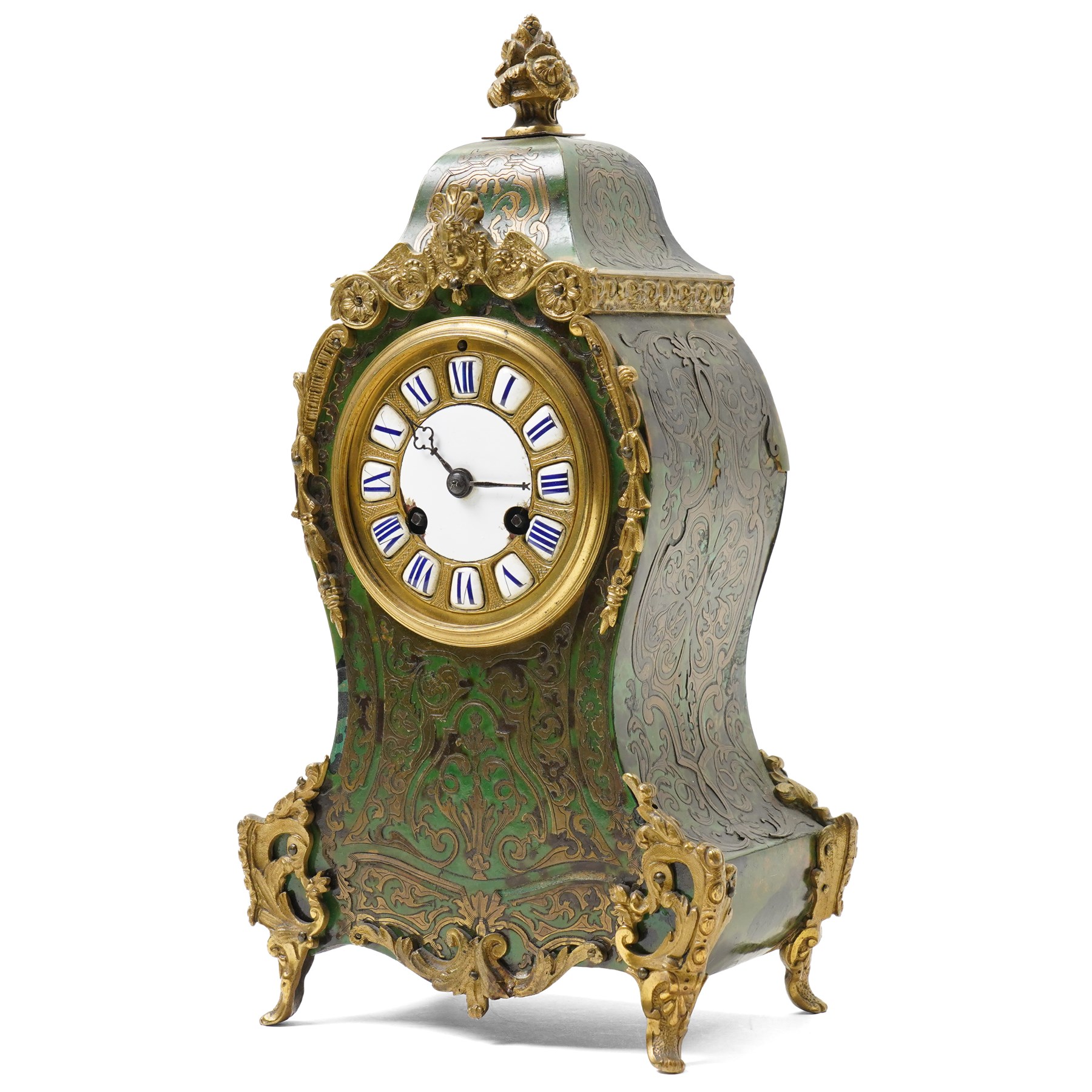 Late 19th century mantel clock in stained green tortoiseshell Boulle work case with white and blue enamel dial, bell strike and gilt metal mounts on shaped supports H30cm