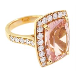 18ct rose gold cushion cut morganite and round brilliant cut diamond cluster ring, with diamond set shoulders, hallmarked, morganite approx 5.70 carat, total diamond weight approx 1.10 carat