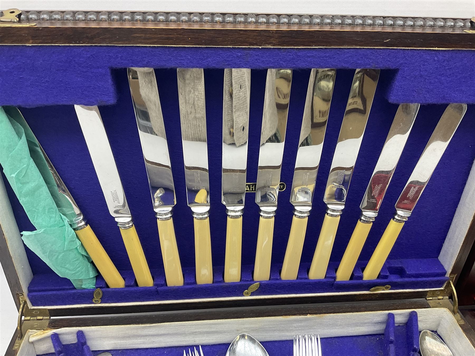 Dahlia Cabinet cutlery box with part canteen of cutlery to include Viners, and another canteen of Sheffield silver-plate cutlery for six