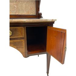 James Shoolbred & Co. London - Edwardian inlaid mahogany marble top washstand, raised marble back, fitted with two cupboards and drawer, square tapering supports with brass castors, stamp to drawer a/f