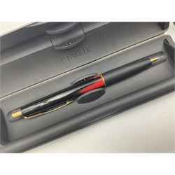 Group of Parker pens, to include with two fountain pens with nibs stamped 14k, propelling pencil with rolled gold cap, two boxed Frontier ballpoint pens, 88 fountain pen with matte blue barrel, Volvo example, jotter ballpoint and pencil set in box, etc (18)