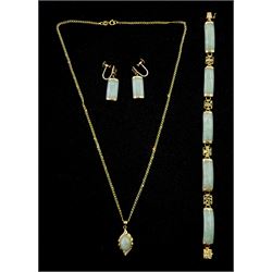 Gold jade link bracelet, pair of screw back earrings and gold gold and diamond pendant necklace, all 9ct stamped