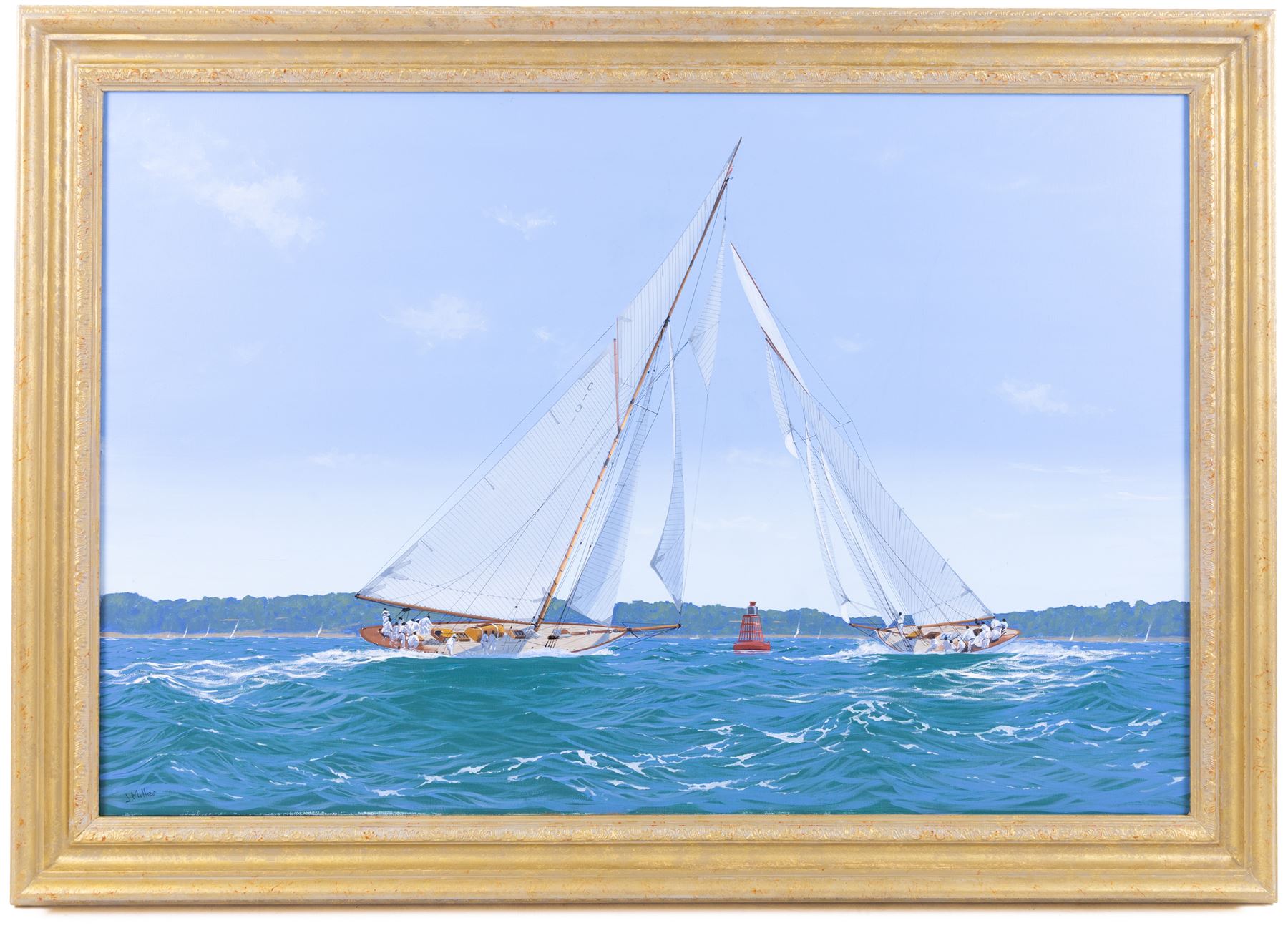 James Miller (British 1962-): 'The Lady Anne leads Mariquita around the Mark', oil on canvas signed, titled verso 50cm x 75cm