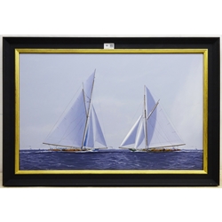 James Miller (British 1962-): America's Cup Series the 10th Challenge 1899 'Columbia' & 'Shamrock', oil on canvas signed, titled verso 45cm x 70cm