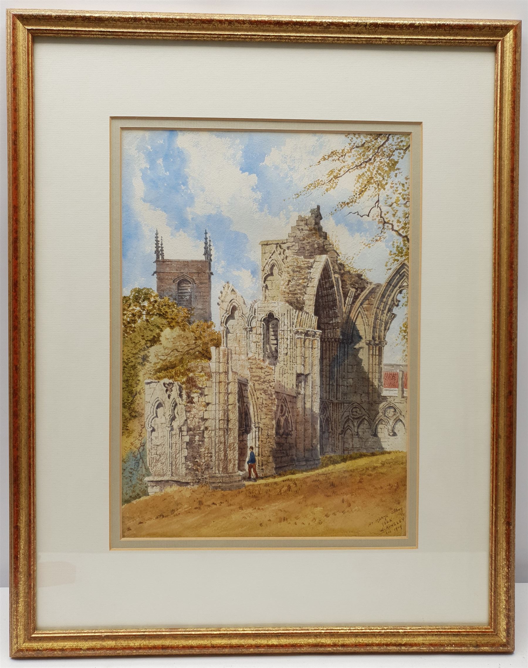W Ainsley (British early 20th century): 'St Mary's Abbey York', watercolour signed titled and dated August 1909, 35cm x 24cm; together with two reproduction Saxton maps of Yorkshire and Lincolnshire, max 55cm x 74cm (3)