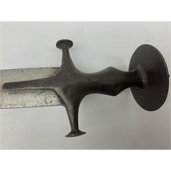 19th Century Indian Tulwar sword with 77cm single edged, slightly curved fullered blade;  steel crossguard, langets, grip and spiked disc pommel with stiff leaf decoration L90cm overall