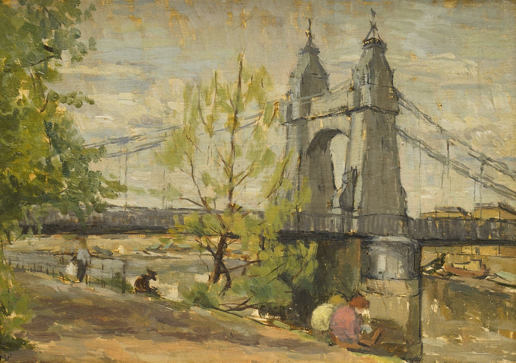 Mary William-Powlett (British Mid-20th century): Figures at Hammersmith Bridge - London, oil on board signed with monogram, inscribed and dated 1950 verso 25cm x 35cm