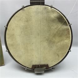 George Formby banjolele with metal plaque to headstock L55cm; in carrying case with instruction booklet.