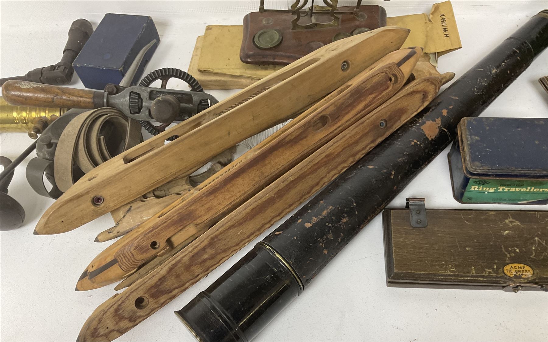Brass telescope, together with various other collectables, to include mosley tie press, metal tins, oil cans etc 