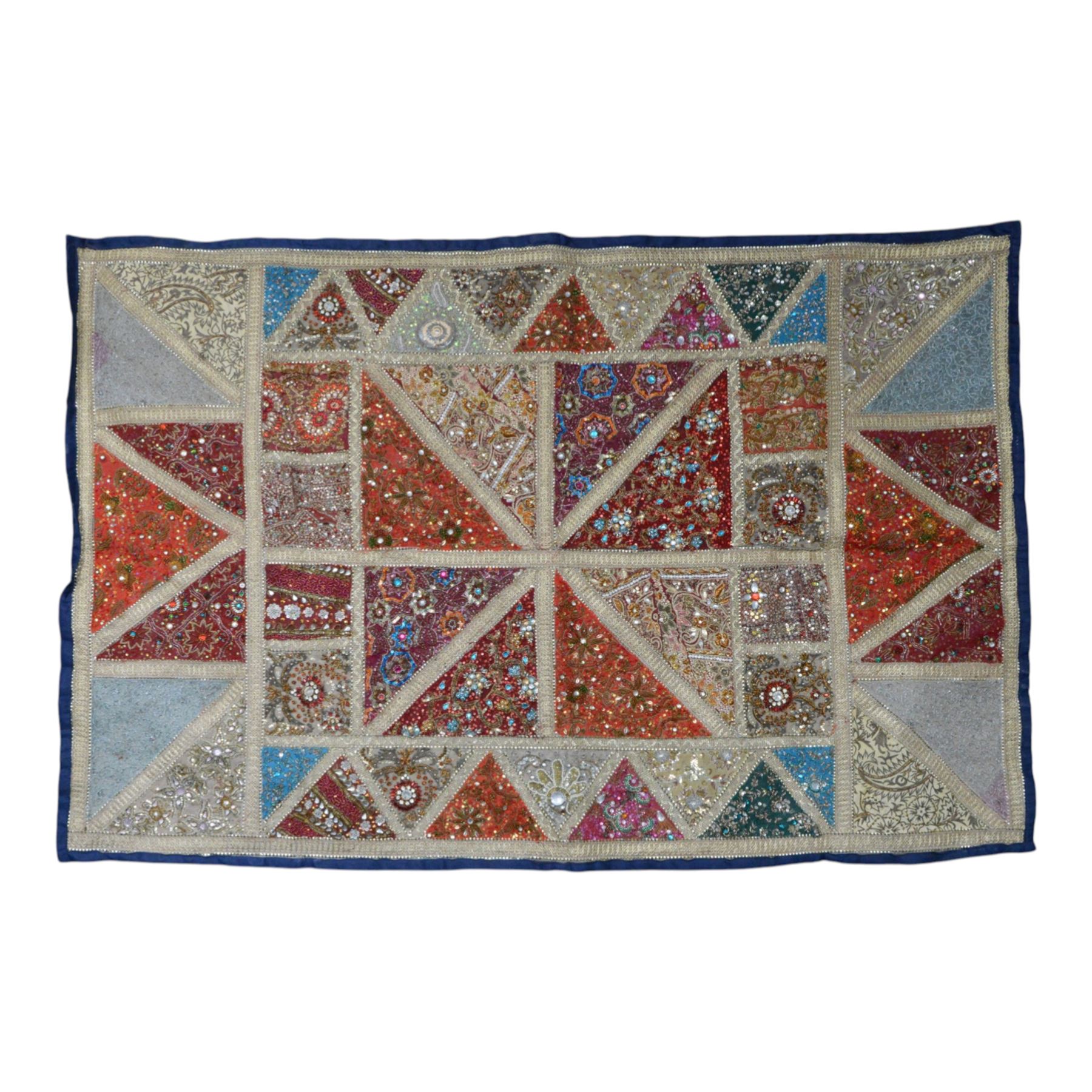 20th century Zardozi wall hanging, hand embroidered in gold thread and beadwork, in geometric platters H90cm, L142