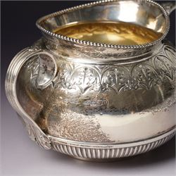 Edwardian silver four piece tea and coffee set with leaf capped handles and foliate banding Sheffield 1902-1905 Maker Richard Richardson