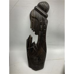  African ebony carved male bust, together with two spears etc, spear L50cm