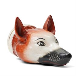 19th century Staffordshire fox head stirrup cup H12cm and a pastille burner in the form of a two storey cottage (2)