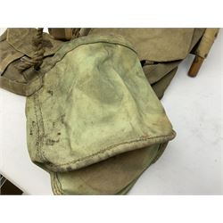 WW2 British army canvas accessories including 1942 Stringers wash basin, water bucket, 1943 water bottle, 1940 bag, another bag etc