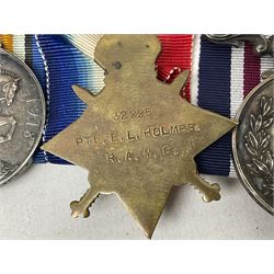 WW1 Military Medal KIA group of four comprising MM, British War Medal, 1914-15 Star and Victory Medal awarded to 32225 Pte. (later A.Sjt.) E.L. Holmes R.A.M.C., the MM inscribed 28F/A R.A.M.C.; all with ribbons; together with photocopied research material including newspaper article with presentation photograph, CWGC certificate,  London Gazette entry etc