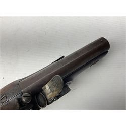 Early 19th century Wm. Hollis flintlock belt or pocket pistol, approximately 20 bore, the 10cm barrel with ram rod under, engraved lock plate with maker's name and roller frizzen, engraved trigger guard with pineapple finial and walnut stock with chequered grip L25cm overall