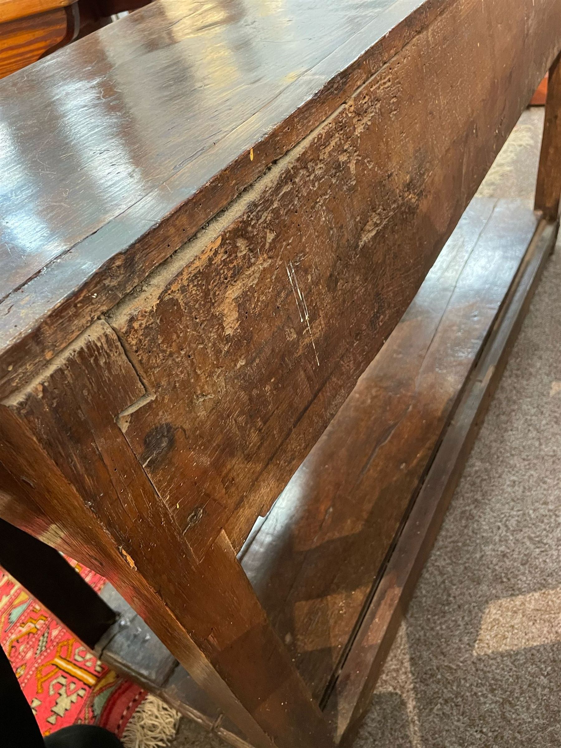 18th century oak dresser base, moulded rectangular top over two drawers and shaped apron, moulded drawer fronts fitted with shaped brass handle plates and swan neck handles, on chamfered square supports united by pot board base 
