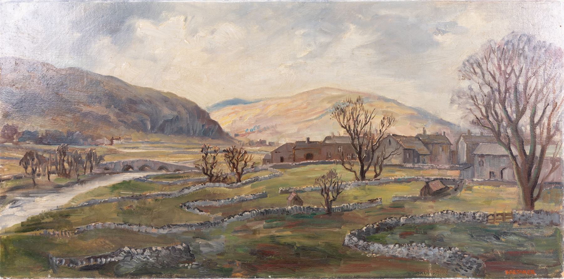 James Hardaker (British 1901-1991): Dales Landscape, oil on board signed 40cm x 81cm (unframed)