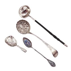 Scottish silver toddy ladle, with circular bowl and baleen twist handle, hallmarked Glasgow 1860, maker's mark JM, together with a George IV silver sifting spoon, the circular bowl pierced bowl with lobed rim and embossed with fruits, the handle engraved with floral decoration, hallmarked London 1836, maker's mark JB, probably for James Beebe, a Victorian silver shovel shaped caddy spoon, with floral decoration, hallmarked Taylor & Perry, Birmingham, date letter indistinct, and a silver spoon, with twist handle and scrolling plique-a-jour decoration, toddy ladle L18cm