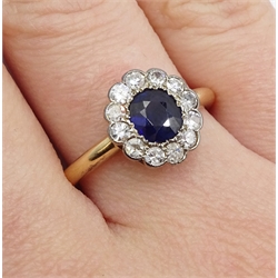  Art Deco gold oval sapphire and old cut diamond cluster ring, c.1920's, stamped 18ct   