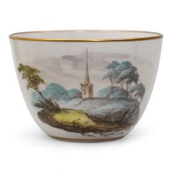 Set of four Pinxton porcelain bute shaped teacups and saucers, circa 1796-1813, pattern no. 218, painted in polychrome with landscape panels within gilt rims, possibly by John Cutts, three pieces numbered 218 beneath, saucer D14cm, teacup H6cm (8)