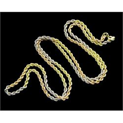 18ct white, yellow and rose gold rope twist necklace, stamped 750
