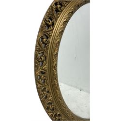 Mid-20th century gilt wood and gesso wall mirror, oval frame decorated with scrolling acanthus leaves, plain mirror plate 