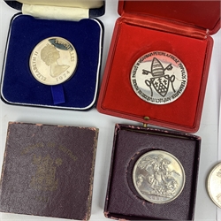 King George VI 1951 Festival of Britain crown coin, Queen Elizabeth II 1974 Seychelles ten rupees in case, cased medallion stamped '800' etc