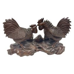 Pair of Japanese Meiji carved hardwood fighting cockerels, group of two Cockerels, H10cm