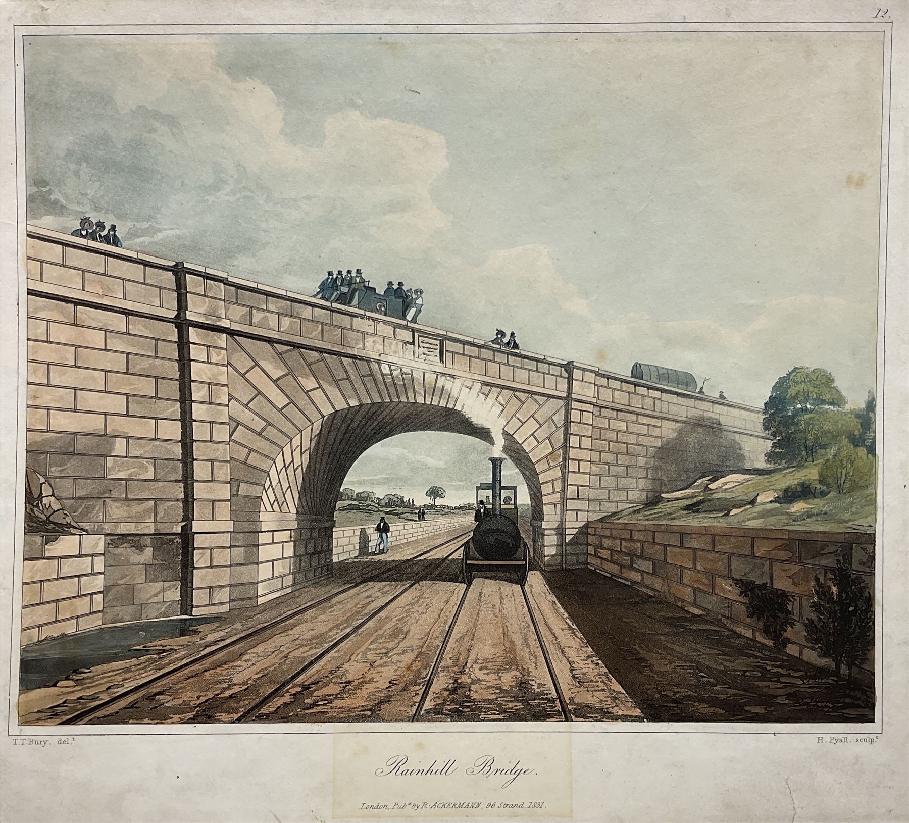 Henry Pyall and S G Hughes after Thomas Talbot Bury (British 1811-1877): Views on the Liverpool and Manchester Railway, twelve aquatints (two doubled up) with hand colouring pub. Ackermann c.1831-1833, 20cm x 25cm (12) (unframed)
Notes: Plates consist of: '[1] The Tunnel' (x2) (both 1831 and 1833 editions), '[2] Entrance of the Railway at Edge Hill Liverpool', '[3] Excavation of Olive Mount four miles from Liverpool', '[6] Entrance into Manchester across Water Street', '[8] Railway Office Liverpool', '[9] Warehouses at the end of the Tunnel towards Wapping' (x2) (both 1831 and 1833 editions), '[10] Moorish Arch looking from the Tunnel' '[11] Near Liverpool looking towards Manchester', '[12] Rainhill Bridge', '[13] Taking in Water at Parkside'.