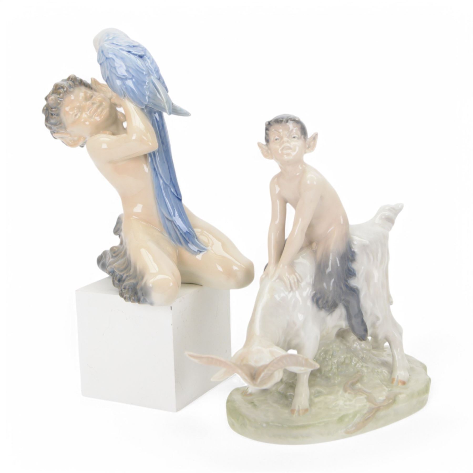 Royal Copenhagen Faun riding a goat no 737, together with Fawn and Parrot no. 752