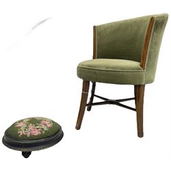 Edwardian mahogany framed tub-shaped chair (W53cm, H77cm); Victorian ebonised footstool with needlework upholstered top (D30cm) (2)