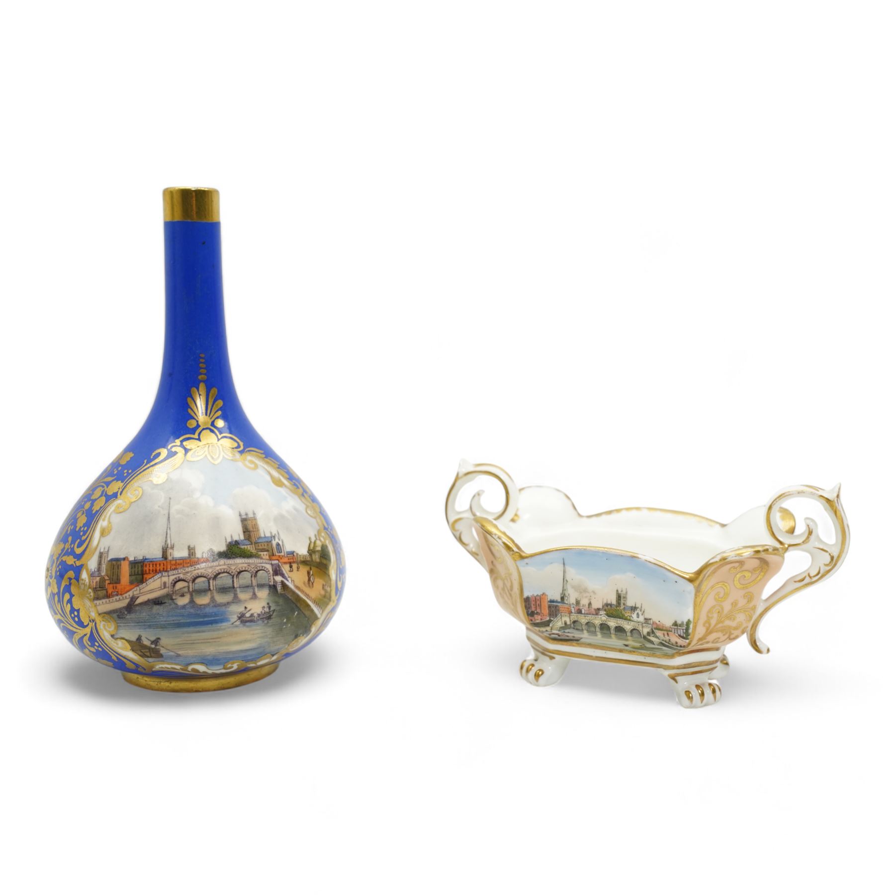 Early 19th century Chamberlain Worcester porcelain bottle form vase, the body painted with a view of Worcester Cathedral and Bridge over the Severn, within gilt borders against a blue ground, unmarked, H13.5cm, together with a Grainger’s Worcester pot pourri base, of twin handled form painted with a similar view, printed marks beneath, lacking covers, L11cm (2)