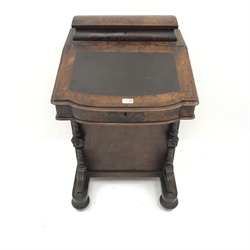  Victorian inlaid figured walnut davenport, hinged sloped top with leather inset, four drawers to right hand side, turned pilasters  with scroll carved terminals, on sledge platforms with turned feet and castors, W54cm, H85cm, D56cm  