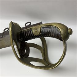 19th Century German (Saxony) Cavalry Sword, the 90.5cm single edge curved steel blade with narrow fuller to the back edge at each side, engraved with a crowned AR monogram and coat of arms, stamped with crowned AR, the back edge engraved C.v Keller im Solingen 1862, the brass half basket hilt with three flat curved bars, applied badge missing, marked G.R. 4, with ribbed leather covered grip and leather finger strap; in steel scabbard with two fixed suspension rings to one side and stamped G.R. II 118; L109.5cm overall