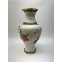 A Chinese cloisonné vase, of baluster form decorated with flowering peonies and butterflies upon a white ground, H39cm.
