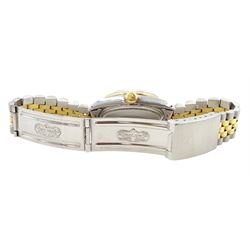 Rolex Oyster Perpetual Datejust gentleman's gold and stainless steel automatic wristwatch, circa 1987, Ref. 16253, serial No. 9871038, white dial with Roman numeral hour markers and date aperture, on gold and stainless steel Jubilee bracelet, with fold-over clasp