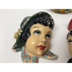 Art Deco plaster female bust, marked Arnova 353, together with a collection of wall masks 