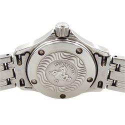 Omega Seamaster ladies stainless steel quartz wristwatch. Ref. 2581.81, blue wave dial, with baton hour markers and date aperture, on original stainless steel bracelet, with fold-over clasp, boxed with international warranty card dated 1999